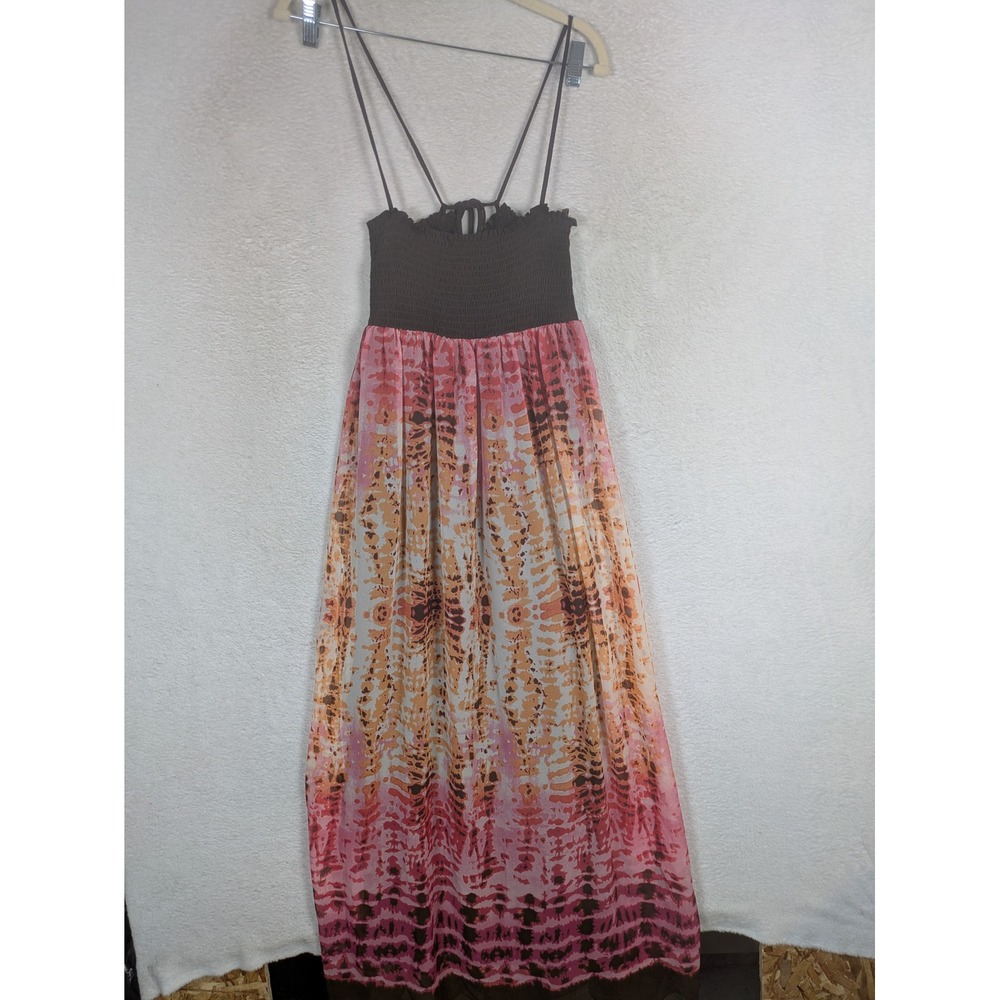 382 Maxi Dress Women Large Pink Orange Tie Dye Smocked Sleeveless